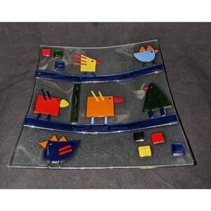 Whimsical Geometrical Birds Fused Glossy Glass Tray with primary colors 12"X 12.